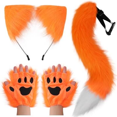 DRESHOW Wolf Fuchs Fellschwanz Ohren Stirnband und Handschuhe Set Cosplay Party Kostüm Super riesigen flauschigen Schwanz für Frauen DRESHOW Wolf Fuchs Fellschwanz Ohren Stirnband und Handschuhe Set Cosplay Party Kostüm Super riesigen flauschigen Schwanz für Frauen