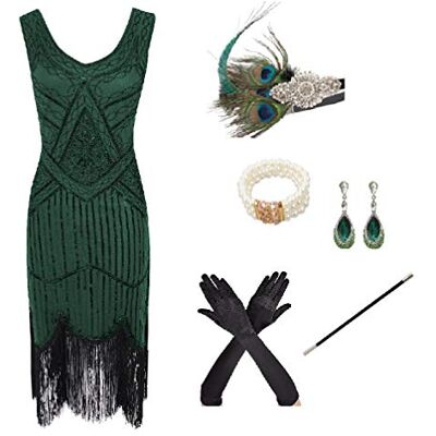 shoperama 20er Jahre Charleston Flapper Damen-Kostüm Grün Pailletten-Kleid mit Fransen und 5-tlg. Pfau Zubehör-Set shoperama 20er Jahre Charleston Flapper Damen-Kostüm Grün Pailletten-Kleid mit Fransen und 5-tlg. Pfau Zubehör-Set