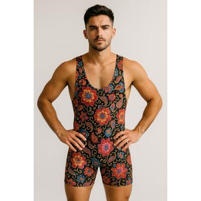 Marco Porta Retro Blumenmuster Ringeranzug, Herren Bodysuit für Mottoparty, Schwarz-Rot mit Paisley Design, 80er Jahre Stil Marco Porta Retro Blumenmuster Ringeranzug, Herren Bodysuit für Mottoparty, Schwarz-Rot mit Paisley Design, 80er Jahre Stil