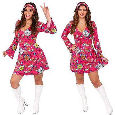 I LOVE FANCY DRESS Damen Hippie-Kostüm – 60er/70er Jahre Hippie-Kostüm – pinkes Gogo-Kleid + passendes Stirnband – 1960/1970er Jahre Dress Up I LOVE FANCY DRESS Damen Hippie-Kostüm – 60er/70er Jahre Hippie-Kostüm – pinkes Gogo-Kleid + passendes Stirnband – 1960/1970er Jahre Dress Up