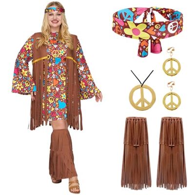 Spooktacular Creations Hippie-Kostümset für Damen, Set, Stirnband, Ohrringe, Kleid, Weste, Socken, Stiefel Überzüge 70er-Jahre-Hippie-Kleidung für Halloween-Ankleideparty, Cosplay – M Spooktacular Creations Hippie-Kostümset für Damen, Set, Stirnband, Ohrringe, Kleid, Weste, Socken, Stiefel Überzüge 70er-Jahre-Hippie-Kleidung für Halloween-Ankleideparty, Cosplay – M