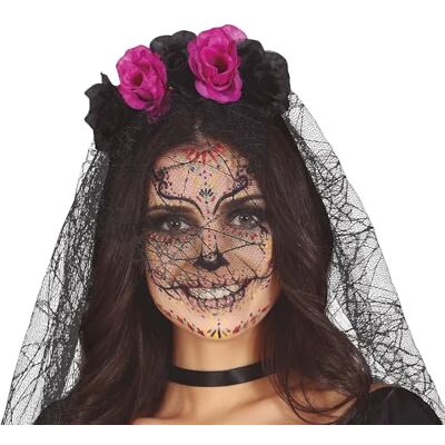 FIESTAS GUIRCA Catrina Damen-Stirnband mit schwarzem Schleier, Halloween und Haarreif, schwarze und lila Blumen, Bunt FIESTAS GUIRCA Catrina Damen-Stirnband mit schwarzem Schleier, Halloween und Haarreif, schwarze und lila Blumen, Bunt