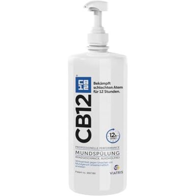 CB12 Mundspülung: Mundwasser mit Zinkacetat & Chlorhexidin gegen schlechten Atem & Mundgeruch für 12 Stunden, Geschmack Minze, alkoholfrei, 1000 ml CB12 Mundspülung: Mundwasser mit Zinkacetat & Chlorhexidin gegen schlechten Atem & Mundgeruch für 12 Stunden, Geschmack Minze, alkoholfrei, 1000 ml