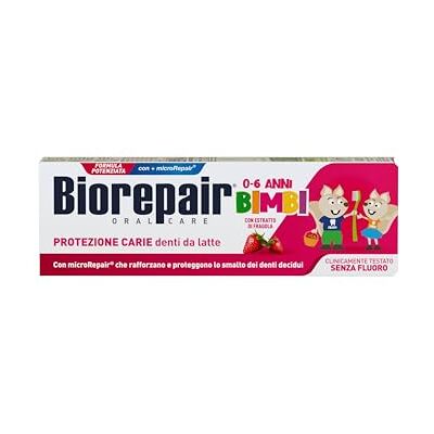 Biorepair , Kinderzahnpasta 0-6 Jahre, 12 Packungen mit je 50 ml, Zahnpasta für Kinder, ohne Fluorid, Erdbeergeschmack, Antikaros, für gesundes Zahnfleisch Biorepair , Kinderzahnpasta 0-6 Jahre, 12 Packungen mit je 50 ml, Zahnpasta für Kinder, ohne Fluorid, Erdbeergeschmack, Antikaros, für gesundes Zahnfleisch
