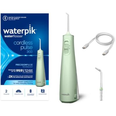 Waterpik Pulse Munddusche kabellos, Professionelle 99,9% Plaque Entfernung, 2 Intensitätsmodi, Zahnzwischenraumreiniger, 45 Sekunden Wassertankkapazität, 2x Aufsätze enthalten, mintgrün Waterpik Pulse Munddusche kabellos, Professionelle 99,9% Plaque Entfernung, 2 Intensitätsmodi, Zahnzwischenraumreiniger, 45 Sekunden Wassertankkapazität, 2x Aufsätze enthalten, mintgrün