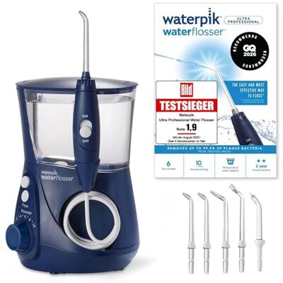 Waterpik Ultra Professional Munddusche, Testsieger 2025, Precision Pulse Technology, TÜV Siegel, bis zu 99,9 Prozent Plaque Entfernung, 6x Aufsätze, 10x individuelle Modi, integrierter Timer, Blau Waterpik Ultra Professional Munddusche, Testsieger 2025, Precision Pulse Technology, TÜV Siegel, bis zu 99,9 Prozent Plaque Entfernung, 6x Aufsätze, 10x individuelle Modi, integrierter Timer, Blau