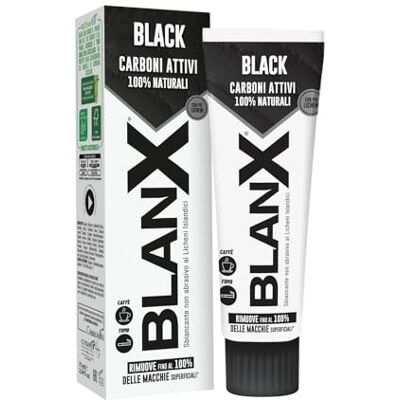 BLANX , Zahnpasta Black, aufhellende und schmutzabweisende Zahnpasta, mit Aktivkohle und isländischen Flechten, 100% natürlich, entfernt Kaffeeflecken, Rauch und Tee, vegan, 12 x 75 ml BLANX , Zahnpasta Black, aufhellende und schmutzabweisende Zahnpasta, mit Aktivkohle und isländischen Flechten, 100% natürlich, entfernt Kaffeeflecken, Rauch und Tee, vegan, 12 x 75 ml