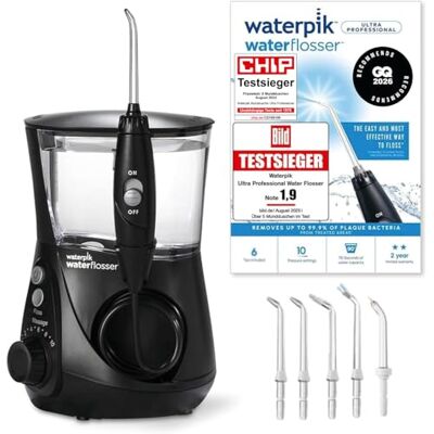 Waterpik Professional Water Flosser, Testsieger 2025, Precision Pulse Technology, TÜV Siegel, bis zu 99,9 Prozent Plaque Entfernung, 6x Aufsätze, 10x individuelle Modi, integrierter Timer, Schwarz Waterpik Professional Water Flosser, Testsieger 2025, Precision Pulse Technology, TÜV Siegel, bis zu 99,9 Prozent Plaque Entfernung, 6x Aufsätze, 10x individuelle Modi, integrierter Timer, Schwarz
