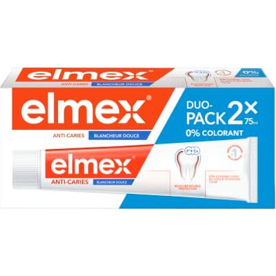 ELMEX Zahnpasta gegen Karies, weiches Weiß, 0% Farbstoffe – Karies – empfindliche Zähne, schmerzhaftes Zahnfleisch, Zahnschmelzschutz – 2 x 75 ml ELMEX Zahnpasta gegen Karies, weiches Weiß, 0% Farbstoffe – Karies – empfindliche Zähne, schmerzhaftes Zahnfleisch, Zahnschmelzschutz – 2 x 75 ml