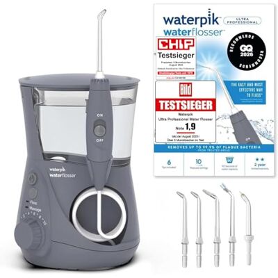 Waterpik Water Flosser Ultra Professional, Testsieger 2025, Precision Pulse Technology, TÜV Siegel, bis zu 99,9% Plaque Entfernung, 6x Aufsätze, 10 individuelle Modi, integrierter Timer, Grau Waterpik Water Flosser Ultra Professional, Testsieger 2025, Precision Pulse Technology, TÜV Siegel, bis zu 99,9% Plaque Entfernung, 6x Aufsätze, 10 individuelle Modi, integrierter Timer, Grau