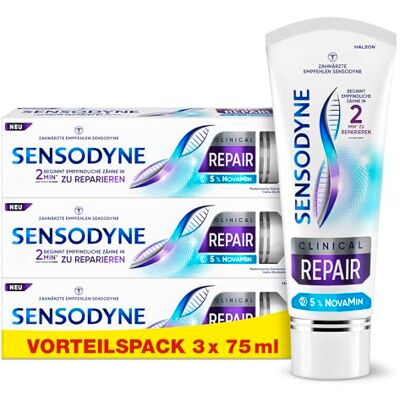 Sensodyne Zahnpasta Clinical Repair, Zahncreme für empfindliche Zähne mit 5 % NovaMin, für langanhaltende Linderung, 3x75ml Sensodyne Zahnpasta Clinical Repair, Zahncreme für empfindliche Zähne mit 5 % NovaMin, für langanhaltende Linderung, 3x75ml
