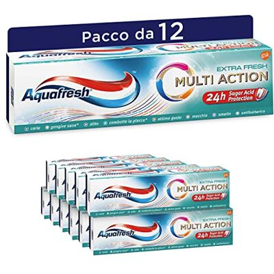 Aquafresh Multi-Action-Zahnpasta, Schutz gegen Karie, gesundes Zahnfleisch, frischer Atem, starker Nagellack, gegen Plaque und Flecken, Extra Fresh, Packung mit 12 x 75 ml Aquafresh Multi-Action-Zahnpasta, Schutz gegen Karie, gesundes Zahnfleisch, frischer Atem, starker Nagellack, gegen Plaque und Flecken, Extra Fresh, Packung mit 12 x 75 ml