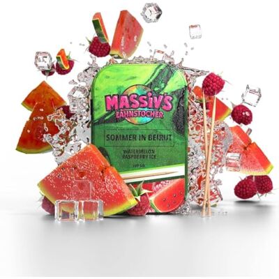 Massiv's Zahnstocher mit Geschmack – SOMMER IN BEIRUT – 100 Stück Wassermelone Himbeere Ice – stylische Metalldose – aromatisierte Zahnstocher aus Holz – zuckerfrei, vegan Massiv's Zahnstocher mit Geschmack – SOMMER IN BEIRUT – 100 Stück Wassermelone Himbeere Ice – stylische Metalldose – aromatisierte Zahnstocher aus Holz – zuckerfrei, vegan