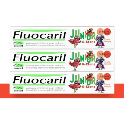 Fluocaril Zahnpasta Junior 6-13 Jahre gegen Karies, Bi-Fluorit, 145 mg – Aroma/Geschmack rote Früchte – hilft Karies zu verhindern und stärkt den Zahnschmelz der ersten bleibenden Zähne (3 x 75 ml) Fluocaril Zahnpasta Junior 6-13 Jahre gegen Karies, Bi-Fluorit, 145 mg – Aroma/Geschmack rote Früchte – hilft Karies zu verhindern und stärkt den Zahnschmelz der ersten bleibenden Zähne (3 x 75 ml)