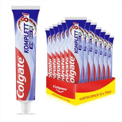 Colgate Zahnpasta Komplett, Extra Frisch mit Minzgeschmack, 12x 75 ml Zahncreme mit 8-in-1 Formel für umfassenden Schutz, Erfrischt den Atem langanhaltend, Zahnpflege, Stärkt den Zahnschmelz Colgate Zahnpasta Komplett, Extra Frisch mit Minzgeschmack, 12x 75 ml Zahncreme mit 8-in-1 Formel für umfassenden Schutz, Erfrischt den Atem langanhaltend, Zahnpflege, Stärkt den Zahnschmelz