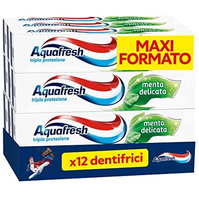 Aquafresh Dreifacher Schutz, starke Zähne, gesundes Zahnfleisch, starker Nagellack, frischer Atem, zarter Minzgeschmack, 12er Pack Zahnpasten x 75 ml Aquafresh Dreifacher Schutz, starke Zähne, gesundes Zahnfleisch, starker Nagellack, frischer Atem, zarter Minzgeschmack, 12er Pack Zahnpasten x 75 ml