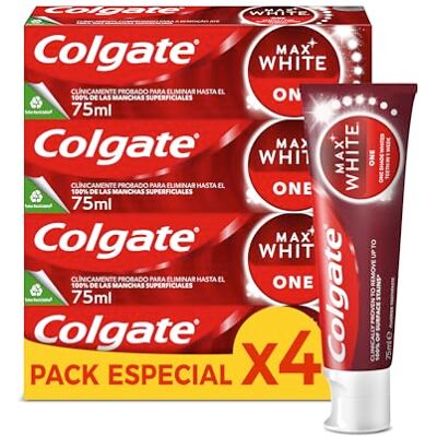 Colgate Max White One Whitening Zahnpasta, 4 Stück x 75 ml, Zahnaufhellung, Zähne 1 Ton weißer in 1 Woche, entfernt oberflächliche Flecken Colgate Max White One Whitening Zahnpasta, 4 Stück x 75 ml, Zahnaufhellung, Zähne 1 Ton weißer in 1 Woche, entfernt oberflächliche Flecken