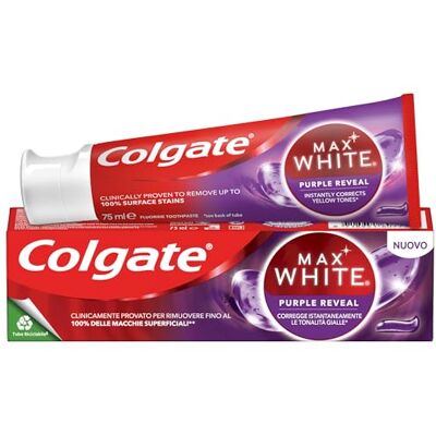 Colgate Max White Purple Reveal Zahnpasta, Packung mit 12 x 75 ml, Zahnaufhellung mit optischer Farbkorrektur-Technologie, korrigiert sofort Gelbtöne Colgate Max White Purple Reveal Zahnpasta, Packung mit 12 x 75 ml, Zahnaufhellung mit optischer Farbkorrektur-Technologie, korrigiert sofort Gelbtöne