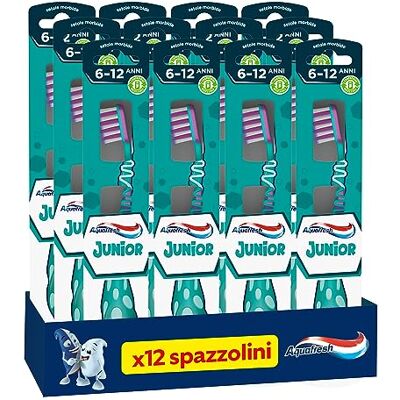 Aquafresh Junior, Zahnbürste für Kinder von 6-12 Jahren, Milch- und Permanentzähne, weiche Borsten, effektive Reinigung, flexibler Hals, 12 Stück Aquafresh Junior, Zahnbürste für Kinder von 6-12 Jahren, Milch- und Permanentzähne, weiche Borsten, effektive Reinigung, flexibler Hals, 12 Stück