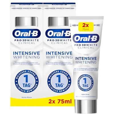 Oral-B Pro 3D White Clinical Intensive Whitening Zahnpasta 2x75ml, Zahncreme/Toothpaste für Weißere Zähne in 1 Tag, Made in Germany, Kühle Minze Geschmack Oral-B Pro 3D White Clinical Intensive Whitening Zahnpasta 2x75ml, Zahncreme/Toothpaste für Weißere Zähne in 1 Tag, Made in Germany, Kühle Minze Geschmack