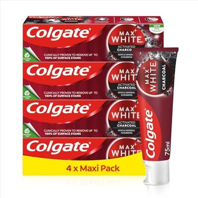 Colgate Zahnpasta Max White Charcoal 4x75ml Zahncreme mit Aktivkohle, entfernt bis zu 100% der oberflächlichen Verfärbungen Colgate Zahnpasta Max White Charcoal 4x75ml Zahncreme mit Aktivkohle, entfernt bis zu 100% der oberflächlichen Verfärbungen