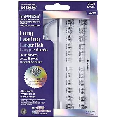 Kiss imPRESS Falsies Long Lasting selbstklebende Wimpern, 'Demi Wispy, 5 Tage verlängerte Tragedauer, 24 natürliche Volumen-Wimperncluster (5, 6, 8, 10, 12 und 14mm), präziser Antihaft-Applikator Kiss imPRESS Falsies Long Lasting selbstklebende Wimpern, 'Demi Wispy, 5 Tage verlängerte Tragedauer, 24 natürliche Volumen-Wimperncluster (5, 6, 8, 10, 12 und 14mm), präziser Antihaft-Applikator