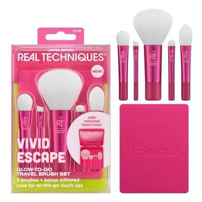 REAL TECHNIQUES Vivid Escape Glow-To-Go Reise-Make-up-Pinsel, 6-teiliges Set, Mini-Größe, Make-up-Pinsel für Lidschatten, Concealer, Kontur, Rouge, inklusive Spiegel-Kosmetikkoffer, tierversuchsfrei REAL TECHNIQUES Vivid Escape Glow-To-Go Reise-Make-up-Pinsel, 6-teiliges Set, Mini-Größe, Make-up-Pinsel für Lidschatten, Concealer, Kontur, Rouge, inklusive Spiegel-Kosmetikkoffer, tierversuchsfrei