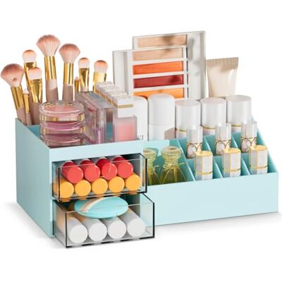 Subsky Make up Organizer mit Schubladen, Multifunktion Schminktisch Organizer Einfache Aufbewahrung für Make-Up Pinsel Wattepads, Schreibtisch Organizer für Dresser Skincare Blau Subsky Make up Organizer mit Schubladen, Multifunktion Schminktisch Organizer Einfache Aufbewahrung für Make-Up Pinsel Wattepads, Schreibtisch Organizer für Dresser Skincare Blau