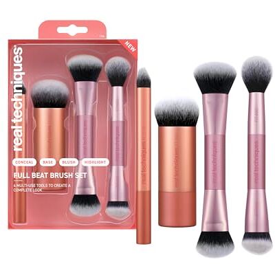 REAL TECHNIQUES Make-up Pinselset Full Beat, 4-teiliges Set für Foundation, Concealer Rosa, Kontur, Beleuchten und Mischen Puder, Reisegepulver, Weiches Haar ultraflach, ohne REAL TECHNIQUES Make-up Pinselset Full Beat, 4-teiliges Set für Foundation, Concealer Rosa, Kontur, Beleuchten und Mischen Puder, Reisegepulver, Weiches Haar ultraflach, ohne
