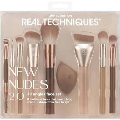 REAL TECHNIQUES New Nudes 2.0 All Angles Face 10 Piece Set, Face & Eye Makeup Brushes, Includes Makeup Sponge, For Foundation, Concealer, Blush & Eyeshadow, Cruelty-Free REAL TECHNIQUES New Nudes 2.0 All Angles Face 10 Piece Set, Face & Eye Makeup Brushes, Includes Makeup Sponge, For Foundation, Concealer, Blush & Eyeshadow, Cruelty-Free