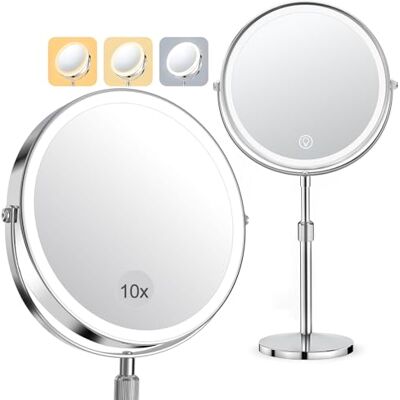 SURFOU Schminkspiegel mit Beleuchtung, Kosmetikspiegel Vergrößerungsspiegel Mit Licht 10X Make-up-Spiegel für Präzision, Doppelseitig Vergrößerung 8" 2000mAh 3 Farben Beleuchtungsmodi, Rund 360° Drehbar SURFOU Schminkspiegel mit Beleuchtung, Kosmetikspiegel Vergrößerungsspiegel Mit Licht 10X Make-up-Spiegel für Präzision, Doppelseitig Vergrößerung 8" 2000mAh 3 Farben Beleuchtungsmodi, Rund 360° Drehbar