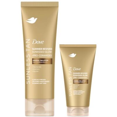 Dove Summer Revived Selbstbräunungslotion für Gesicht & Körper, 200 + 75 ml Anpassbare Bräunung, helle bis mittlere Hauttöne, 72h Feuchtigkeit, mit Pro-Ceramiden, Niacinamid und Aloe Vera Dove Summer Revived Selbstbräunungslotion für Gesicht & Körper, 200 + 75 ml Anpassbare Bräunung, helle bis mittlere Hauttöne, 72h Feuchtigkeit, mit Pro-Ceramiden, Niacinamid und Aloe Vera