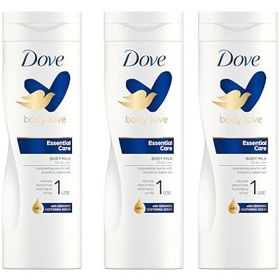 Dove Body Love Feuchtigkeitsspendende Körpermilch, 3 x 400 ml Essential Care, Für Trockene Haut, 48H Feuchtigkeit, Weiche und Glatte Haut, Mit Glycerin und Ceramide Restoring Serum Dove Body Love Feuchtigkeitsspendende Körpermilch, 3 x 400 ml Essential Care, Für Trockene Haut, 48H Feuchtigkeit, Weiche und Glatte Haut, Mit Glycerin und Ceramide Restoring Serum