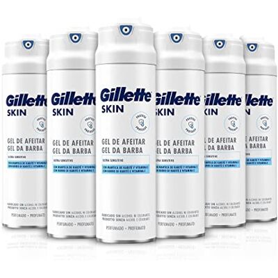 Gillette SKIN Ultra Sensitive Rasiergel, 6 Stück à 200 ml, schützt, beruhigt und erfrischt, mit duftender und angenehmer Formel, Sheabutter und Vitamin E, ohne Farbstoffe und Alkohol Gillette SKIN Ultra Sensitive Rasiergel, 6 Stück à 200 ml, schützt, beruhigt und erfrischt, mit duftender und angenehmer Formel, Sheabutter und Vitamin E, ohne Farbstoffe und Alkohol