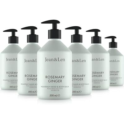 Jean & Len Heavenly Hand- & Body Balm Rosemary & Ginger im Set, für ein duftendes Pflegeerlebnis, mit Bio-Arganöl und Sheabutter, Hochwertige Flasche, ohne Parabene & Silikone, 6 x 500 ml Jean & Len Heavenly Hand- & Body Balm Rosemary & Ginger im Set, für ein duftendes Pflegeerlebnis, mit Bio-Arganöl und Sheabutter, Hochwertige Flasche, ohne Parabene & Silikone, 6 x 500 ml
