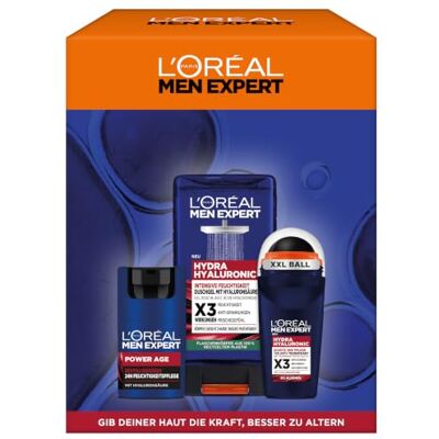 L'Oreal Paris L'Oréal Men Expert Geschenk-Set für Männer, mit Anti-Aging Gesichtscreme, pflegendem Duschgel und duftendem Deo, Geschenke für Herren mit Hyaluronsäure, Power Age,1 x 250 ml, 1 x 50 ml, 1 x 50 ml L'Oreal Paris L'Oréal Men Expert Geschenk-Set für Männer, mit Anti-Aging Gesichtscreme, pflegendem Duschgel und duftendem Deo, Geschenke für Herren mit Hyaluronsäure, Power Age,1 x 250 ml, 1 x 50 ml, 1 x 50 ml