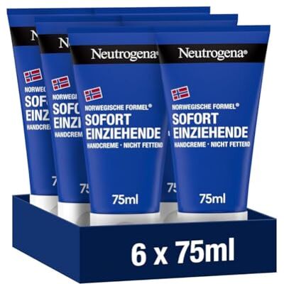 Neutrogena Sofort einziehende Handcreme, 6 x 75 ml Leichte und nicht fettende Feuchtigkeitscreme mit Glycerin + Vitamin E bei trockenen, rissigen Händen Neutrogena Sofort einziehende Handcreme, 6 x 75 ml Leichte und nicht fettende Feuchtigkeitscreme mit Glycerin + Vitamin E bei trockenen, rissigen Händen