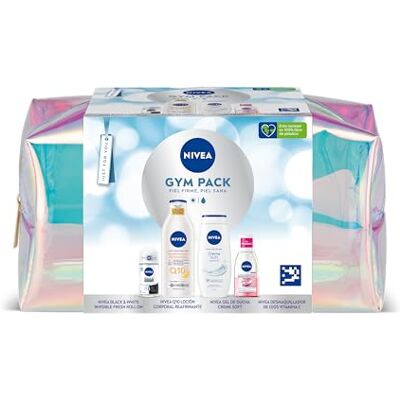 NIVEA Gympack Fitnessstudio-Kulturbeutel, Set für Sie mit Roll-On Black&White 50 ml + Körperlotion Q10 400 ml + Augen-Make-up-Entferner 125 ml + Duschgel 250 ml Komplettpflege NIVEA Gympack Fitnessstudio-Kulturbeutel, Set für Sie mit Roll-On Black&White 50 ml + Körperlotion Q10 400 ml + Augen-Make-up-Entferner 125 ml + Duschgel 250 ml Komplettpflege