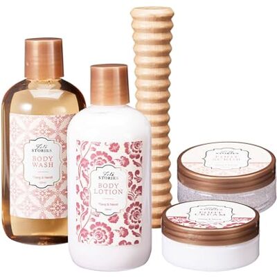 WELL HOME MOBILIARIO & DECORACIÓN 5-teiliges Badeset, Duschgel, Körperlotion, Peeling und Fußcreme mit Massagegerät aus Holz WELL HOME MOBILIARIO & DECORACIÓN 5-teiliges Badeset, Duschgel, Körperlotion, Peeling und Fußcreme mit Massagegerät aus Holz