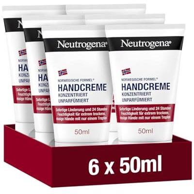 Neutrogena Handcreme konzentriert unparfümiert, 6 x 50 ml Feuchtigkeitscreme mit 40 Prozent Glycerin & Vitamin E, sofort feuchtigkeitsspendende Handcreme für sehr trockene Hände Neutrogena Handcreme konzentriert unparfümiert, 6 x 50 ml Feuchtigkeitscreme mit 40 Prozent Glycerin & Vitamin E, sofort feuchtigkeitsspendende Handcreme für sehr trockene Hände
