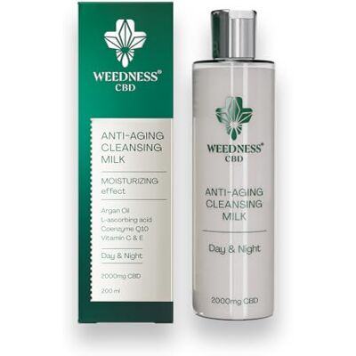 Weedness CBD 24-Stunden-Anti-Aging-Gesichtsreinigungsmilch 2000mg Hanf-Extrakt (200ml) Sanfter Make-up-Entferner Weedness CBD 24-Stunden-Anti-Aging-Gesichtsreinigungsmilch 2000mg Hanf-Extrakt (200ml) Sanfter Make-up-Entferner
