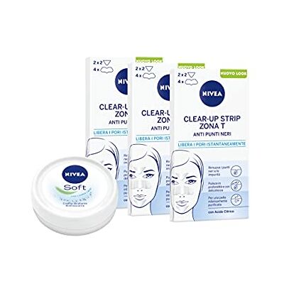 NIVEA Clear-Up Strips Zone T Mitesser Pflaster 3er Pack (3 x 6 Stück) zur Reinigung von Gesicht und Soft Mini Creme für Gesicht, Körper und Hände, 25 g NIVEA Clear-Up Strips Zone T Mitesser Pflaster 3er Pack (3 x 6 Stück) zur Reinigung von Gesicht und Soft Mini Creme für Gesicht, Körper und Hände, 25 g