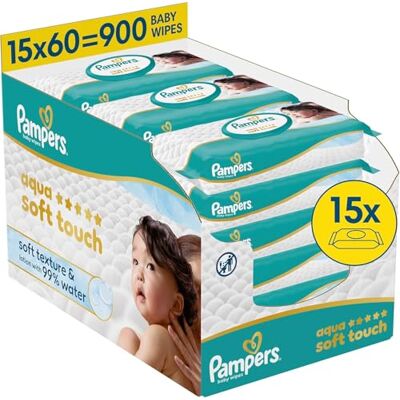 Pampers Aqua Soft Touch Baby-Feuchttücher, 15x60 (900 Stück) Pampers Aqua Soft Touch Baby-Feuchttücher, 15x60 (900 Stück)