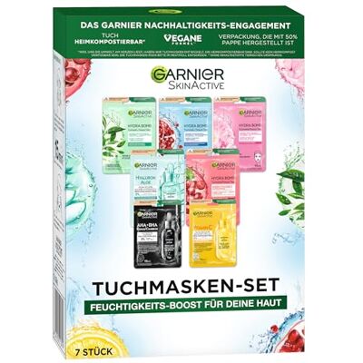 Garnier Tuchmasken Set für jeden Hauttyp, 7 Gesichtsmasken für trockene bis normale Haut, Vegane Formel mit Hyaluronsäure, Hydra Bomb und Nutri Bomb Maskenset, 7 x 28 g Garnier Tuchmasken Set für jeden Hauttyp, 7 Gesichtsmasken für trockene bis normale Haut, Vegane Formel mit Hyaluronsäure, Hydra Bomb und Nutri Bomb Maskenset, 7 x 28 g