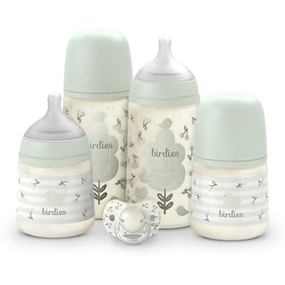 SUAVINEX , Babyflaschen-Set für Neugeborene, Geschenkset mit: 2 Flaschen 270 ml + 2 Flaschen 150 ml + Schnuller für 0 bis 6 Monate, physiologische SX Pro Silikon-Sauger, 5-tlg., +0M, Birdies Grün SUAVINEX , Babyflaschen-Set für Neugeborene, Geschenkset mit: 2 Flaschen 270 ml + 2 Flaschen 150 ml + Schnuller für 0 bis 6 Monate, physiologische SX Pro Silikon-Sauger, 5-tlg., +0M, Birdies Grün