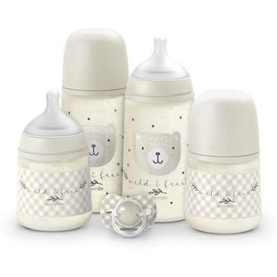 SUAVINEX , Babyflaschen-Set für Neugeborene, Geschenkset mit: 2 Flaschen 270 ml + 2 Flaschen 150 ml + Schnuller für 0 bis 6 Monate, physiologische SX Pro Silikon-Sauger, 5-tlg., +0M, Wild&Free Beige SUAVINEX , Babyflaschen-Set für Neugeborene, Geschenkset mit: 2 Flaschen 270 ml + 2 Flaschen 150 ml + Schnuller für 0 bis 6 Monate, physiologische SX Pro Silikon-Sauger, 5-tlg., +0M, Wild&Free Beige