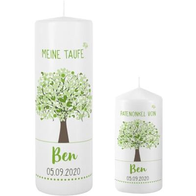 Striefchen ® Taufkerze 250/80 mm mit Lebensbaum und Aufdruck des Namen und Datum sowie Taufspruch Set mit Patenkerze Grün Striefchen ® Taufkerze 250/80 mm mit Lebensbaum und Aufdruck des Namen und Datum sowie Taufspruch Set mit Patenkerze Grün