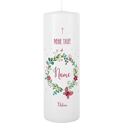 Striefchen ® Taufkerze für Mädchen mit Blumenkranz und Schmetterling bedruckt mit Namen u. Taufdatum sowie eigenen Taufspruch 8 x 25 cm Striefchen ® Taufkerze für Mädchen mit Blumenkranz und Schmetterling bedruckt mit Namen u. Taufdatum sowie eigenen Taufspruch 8 x 25 cm