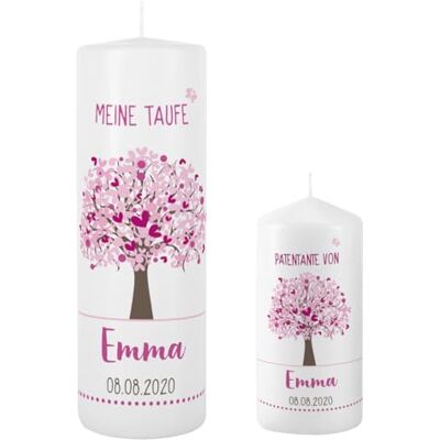 Striefchen ® Taufkerze 250/80 mm mit Lebensbaum und Aufdruck des Namen und Datum sowie Taufspruch Set mit Patenkerze Rosa Striefchen ® Taufkerze 250/80 mm mit Lebensbaum und Aufdruck des Namen und Datum sowie Taufspruch Set mit Patenkerze Rosa