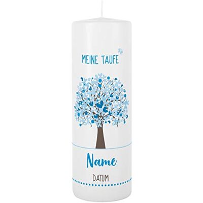 Striefchen ® Taufkerze 250/80 mm mit Lebensbaum und Aufdruck des Namen und Datum sowie Taufspruch Weiß Blau Striefchen ® Taufkerze 250/80 mm mit Lebensbaum und Aufdruck des Namen und Datum sowie Taufspruch Weiß Blau